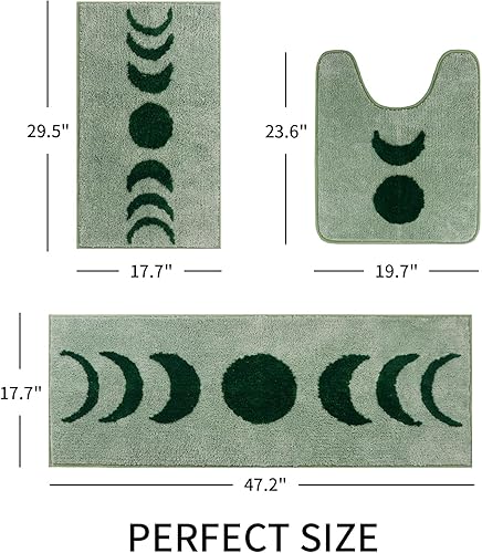 Miniatura 10 de Juego de 3 alfombras de baño bohemias, antideslizantes, absorbentes, de fases lunares, de microfibra con alfombrillas para inodoro, en forma de U,