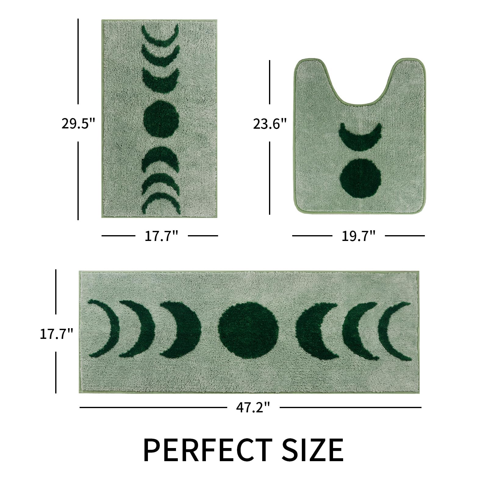 Schweek Juego de 3 tapetes bohemios para baño, antideslizantes, con forma de U, absorbentes de agua, fases lunares, lavables, color verde
