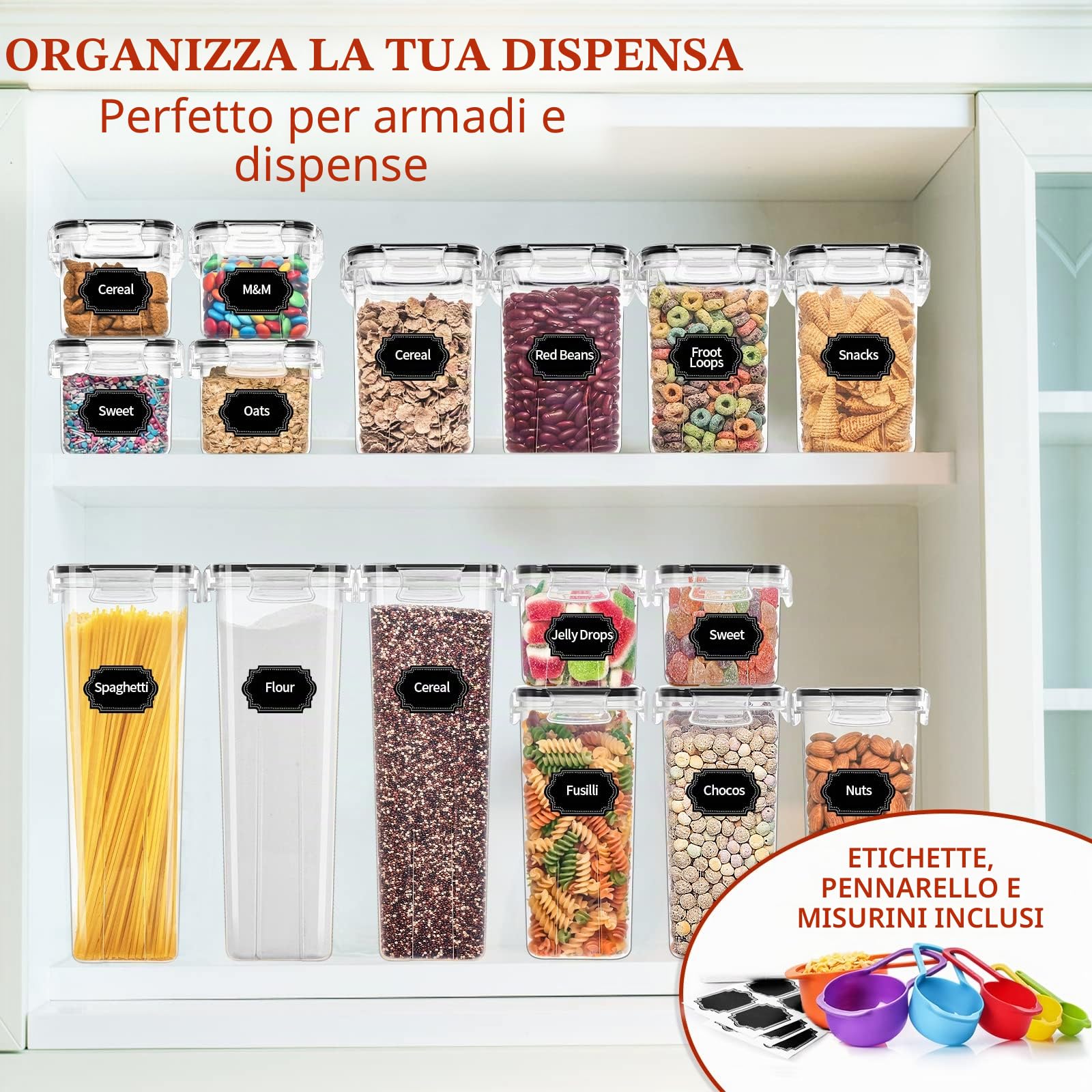 Skroam Set di 24 barattoli ermetici da cucina, senza BPA, per cereali, farina e zucchero, colore nero