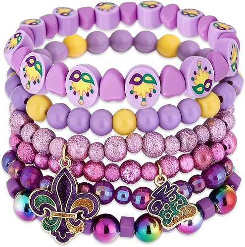 6 Pcs Mardi Gras Beaded Bracelets for Women New Orleans Carnival Charm Bracelets