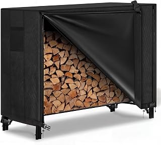 Waterproof Firewood Rack Cover - Heavy Duty Black 600D Oxford Fabric - Indoor Or Outdoor Firewood Log Cover with Zipper & Adhesive Closing Strips (Cover Only, Rack Not Included) (4ft)