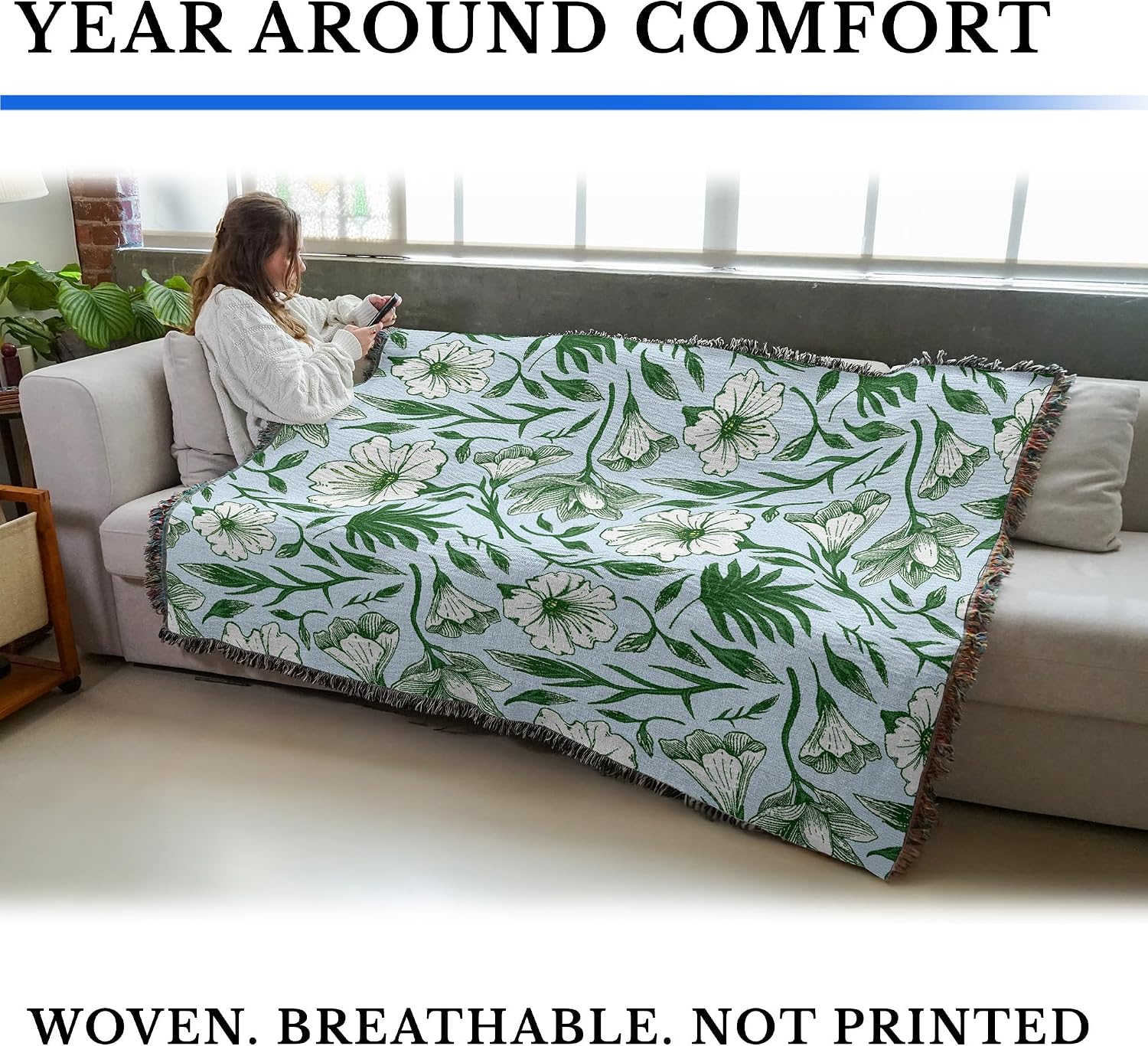 Pure Country Weavers Flowers for Valentines Day Blue - Gift Tapestry Throw Blanket Woven from Cotton - Made in The USA (72x54)