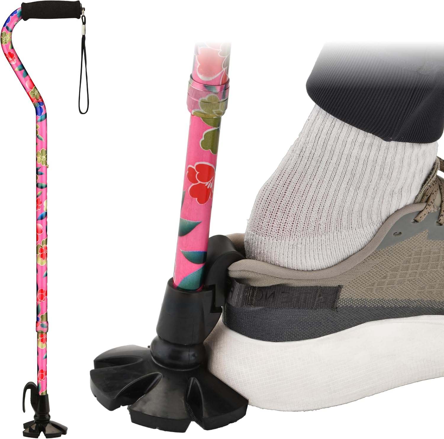 NOVA Shoe Horn Offset Cane, 2-in-1 Shoe Helper & Walking Aid, Self-Standing, 5-Point Base, Foam Handle, Lightweight Aluminum, Slip-Resistant Tip, Fade & Chip Resistant, Maui Flowers