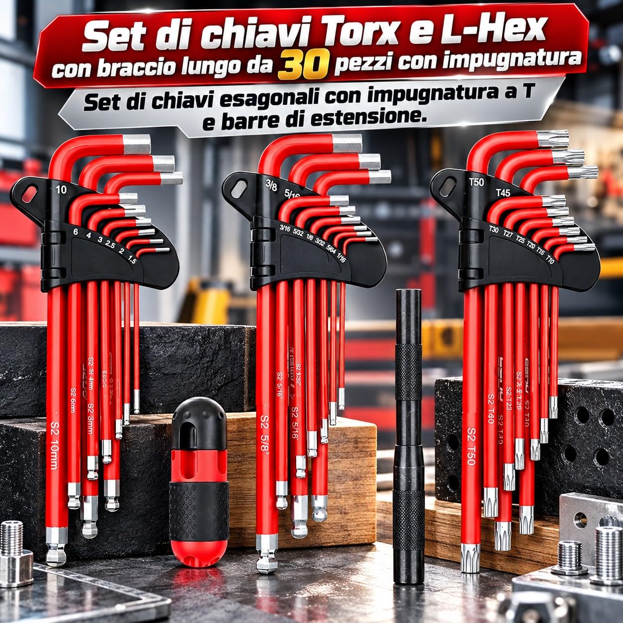 Set 30 Chiavi Torx e L-Hex Esagonali Professionali in Acciaio S2, Metriche e SAE in Pollici, Testa Sferica Ball End, Impugnatura a T e Barra di Estensione, Kit Brugole per Officina e Meccanica