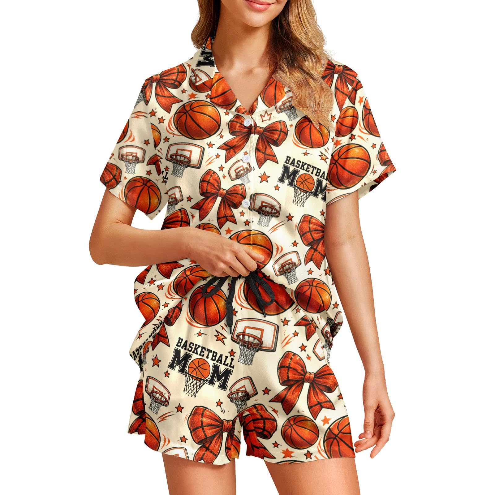 Funny Pajamas for Women Set Print Satin Loungewear Pjs Short Sleeve Button Down Top and Shorts Sets Sleepwear XS-3XL