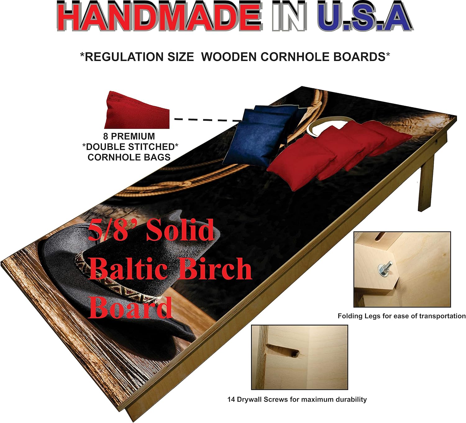 Premium Cornhole Set - Country Western Cowboy Tailgate Cornhole Boards w Set of 8 Cornhole Bags!813