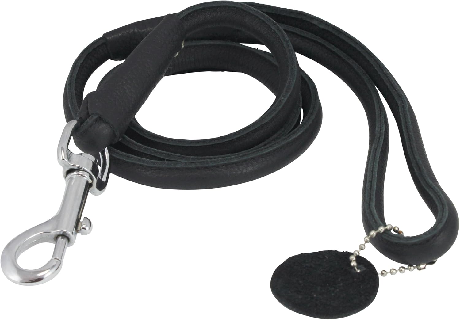 Round Genuine Rolled Leather Dog Leash 4' Long 1/2" Wide Black for Medium Breeds