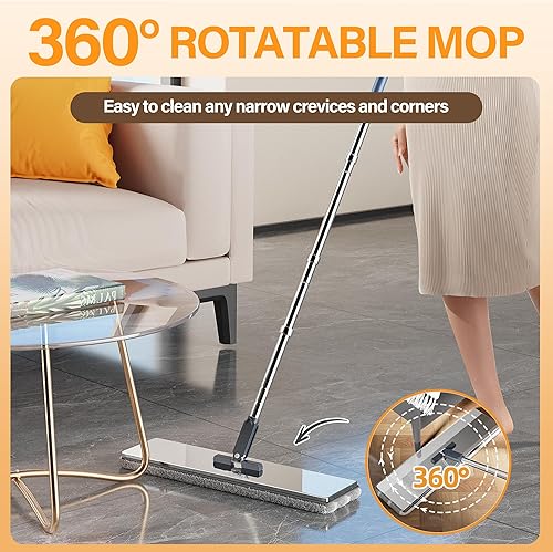 Miniatura 4 de Trapeador plano y cubo para el hogar con recambios adicionales, trapeador y cubo de acero inoxidable con escurridor, trapeador manos libres, mopa de