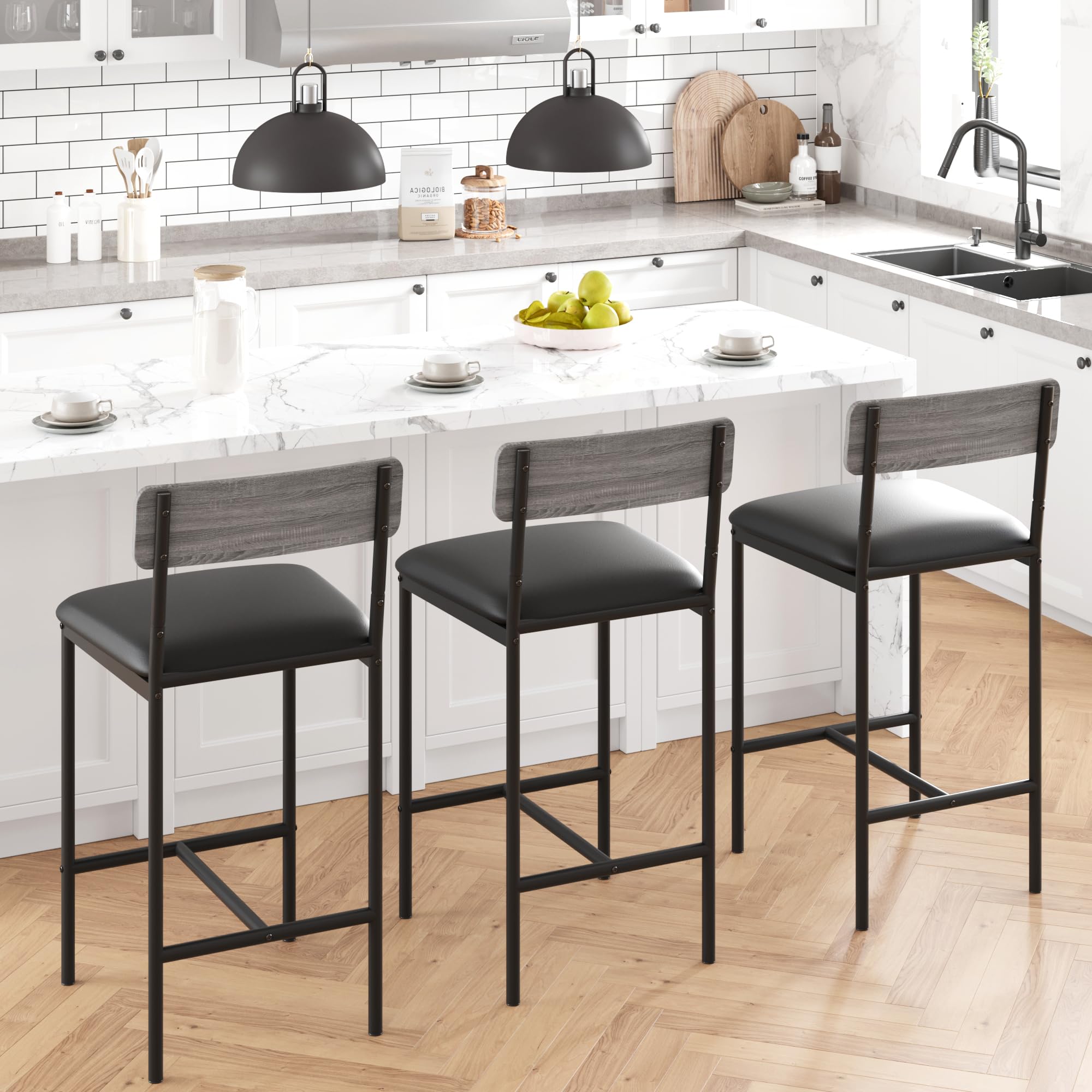 2er Set Barhocker mit Fußstütze, 64,8 cm hohe gepolsterte Thekenhocker mit Rückenlehne, Moderne Küchenhocker für Tresen, Insel, Küche – einfache Montage, Grau