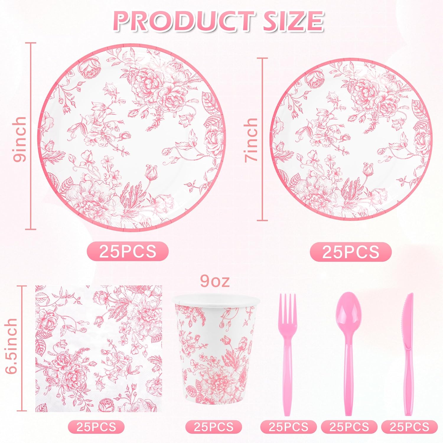 175Pcs Pink Floral Paper Plates and Napkins 25 Guests Pink White Toile Chinoiserie Party Supplies Set Include Plates Napkins Cups Spoons Forks Knives for Christmas Birthday Wedding Mother's Day