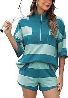 IQSQSQ Women's Striped 2 Piece Outfits Oversized Lounge Set Summer Workout Sets Top and Shorts with Pockets