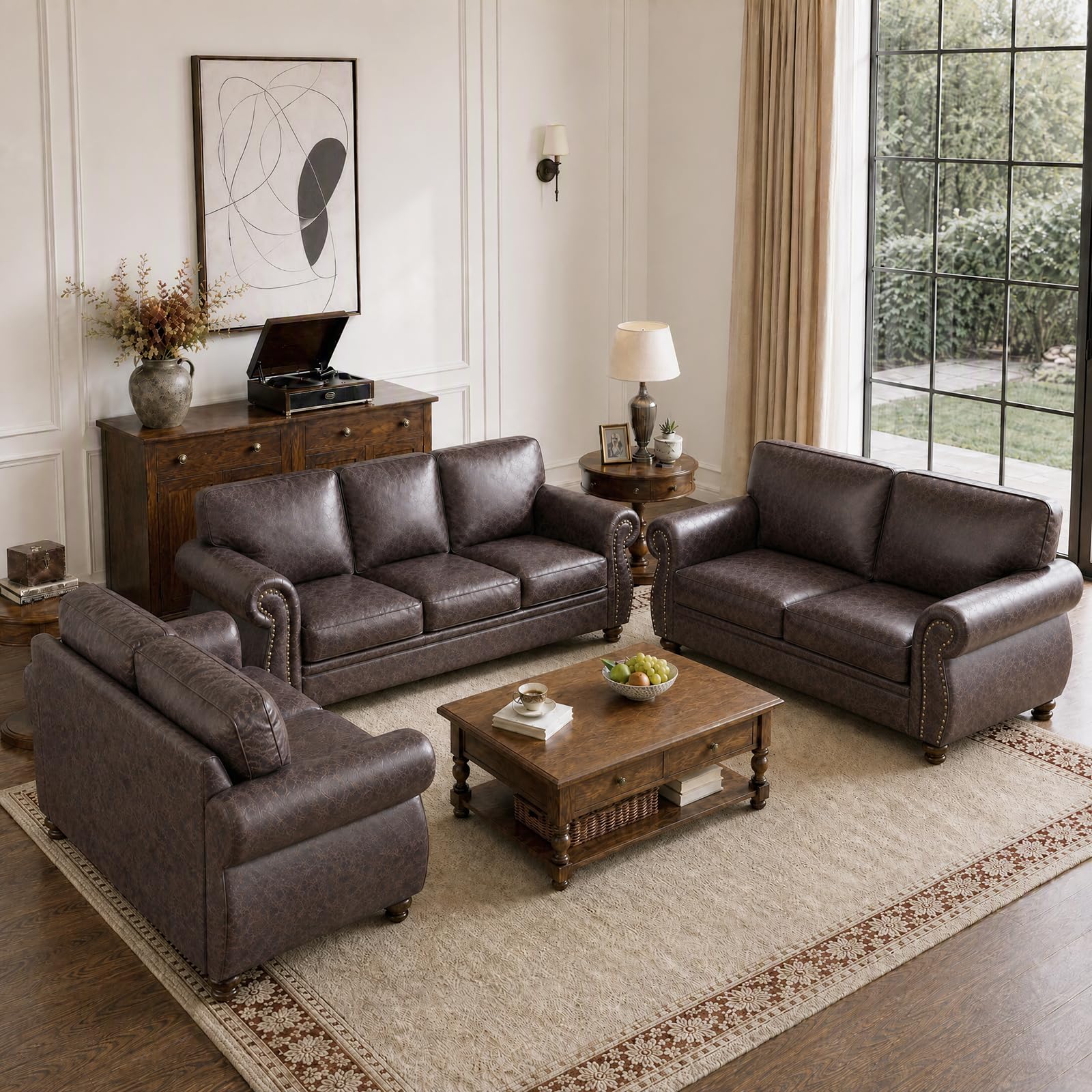 Couchus 88"W Living Room Furniture Sets, 3-Seater&amp;2 Loveseat, Brown