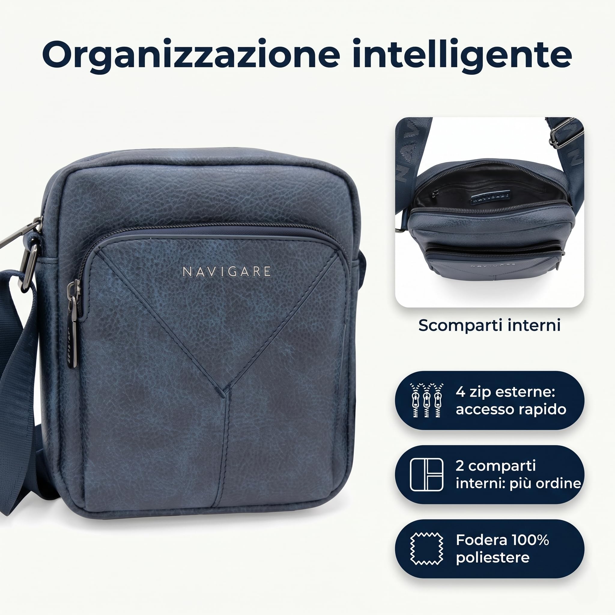 Navigare BORSELLO UOMO TRACOLLA – Borsello Uomo in Ecopelle con Tracolla Regolabile, 2 Tasche con Zip e Scomparti Interni, Stile Elegante e Casual per Lavoro, Viaggio e Tempo Libero