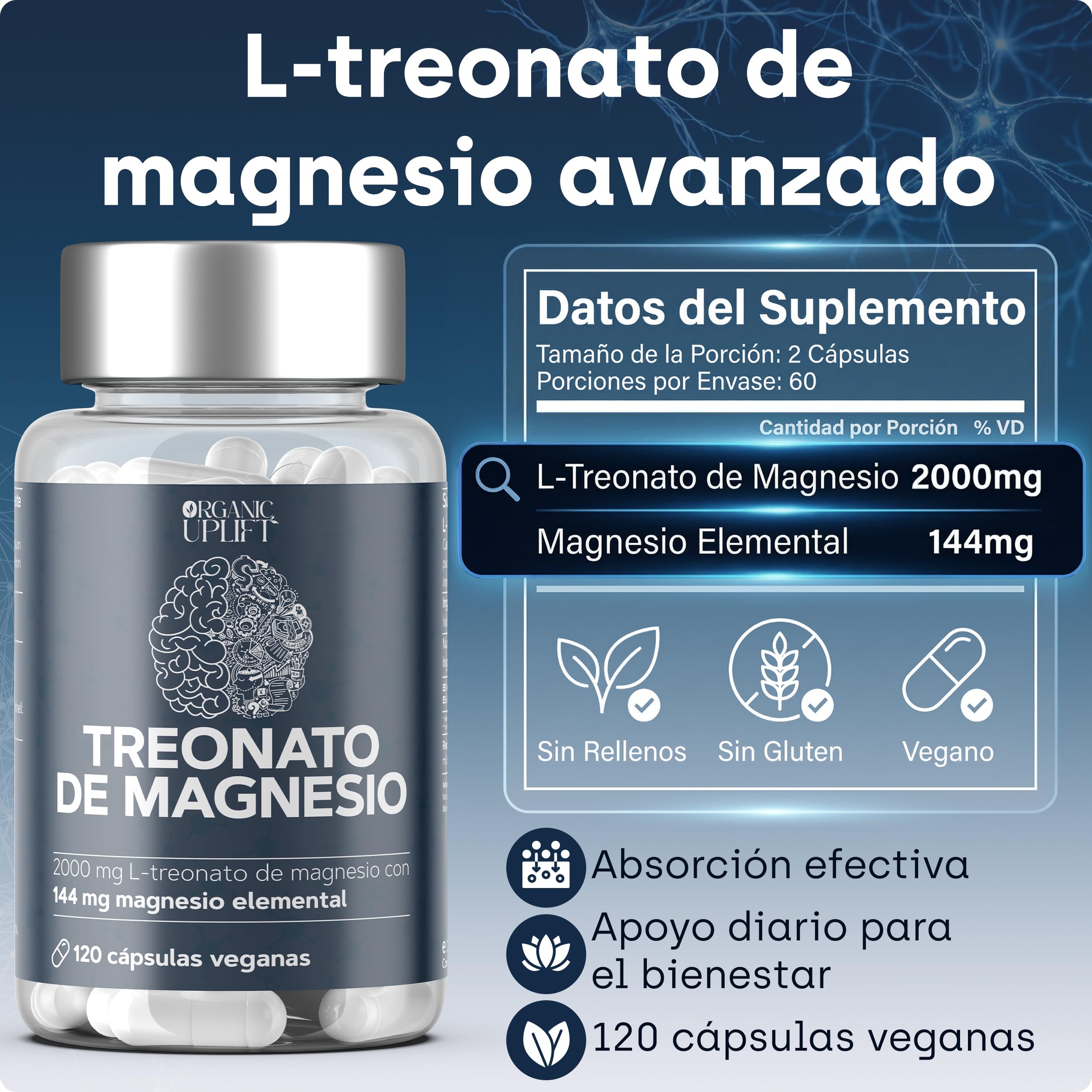 L-treonato de magnesio, alta dosis de 2000 mg de magnesio puro, buena absorción, favorece la memoria, la concentración y el sueño profundo, 120 cápsulas