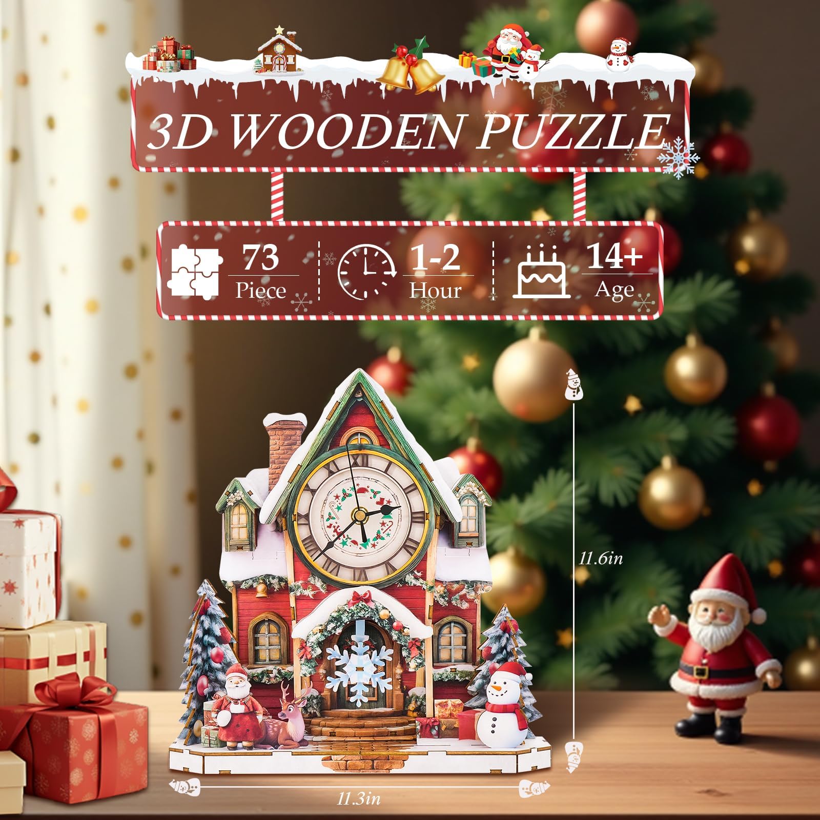 3D Wooden Puzzle Clock, DIY House Model Kit for Adults to Build Functional Wall Clock with Moving Pendulum - Image 2