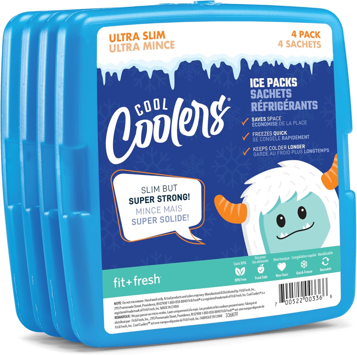 Fit + Fresh Cool Coolers Slim Ice Packs 4 Pack: Reusable Long-Lasting BPA-Free for Lunch Boxes, Coolers & Camping, Blue