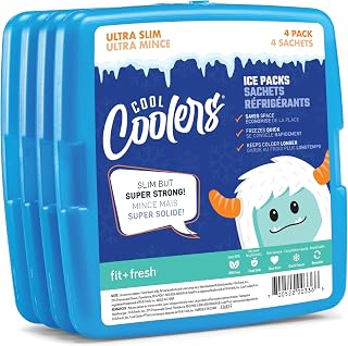 Fit + Fresh Cool Coolers Slim Ice Packs 4 Pack: Reusable Long-Lasting BPA-Free for Lunch Boxes, Coolers & Camping, Blue
