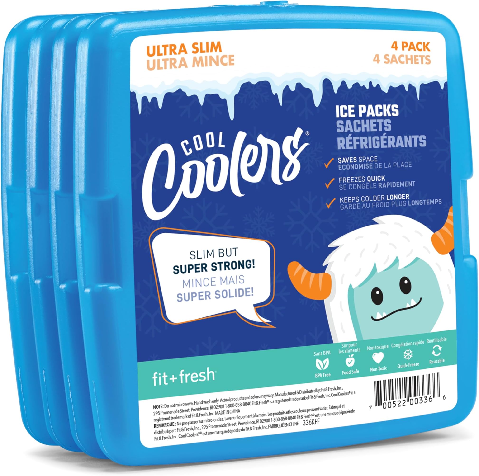 Fit & Fresh Cool Coolers Slim Reusable Ice Packs for Lunch Boxes, Lunch Bags and Coolers, Set of 4, Blue