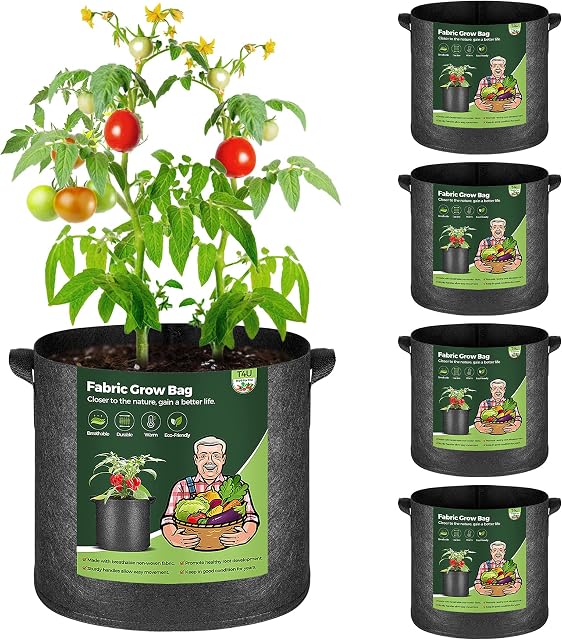 T4U 7 Gallon Plant Grow Bags with Handle Pack of 5, Fabric Pots Growing Bag, Heavy Duty Nonwoven Planter, Thickened Breathable Growbag Container for Potato Tomato Carrot Strawberry Vegetable Outdoor