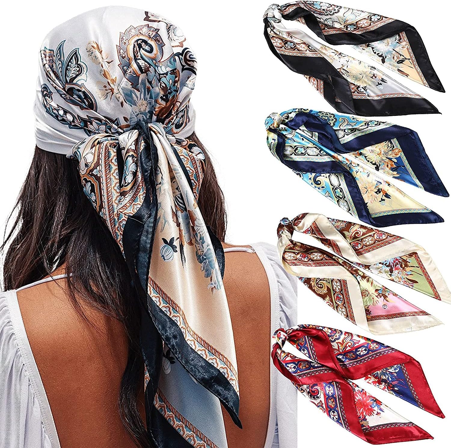 WELROG90x90cm Large Stain Square Scarves for Women - 4 PCs Women Silky Like Head Scarf Bandanas Hair Scarf Neck Scarf Sleeping Wraps