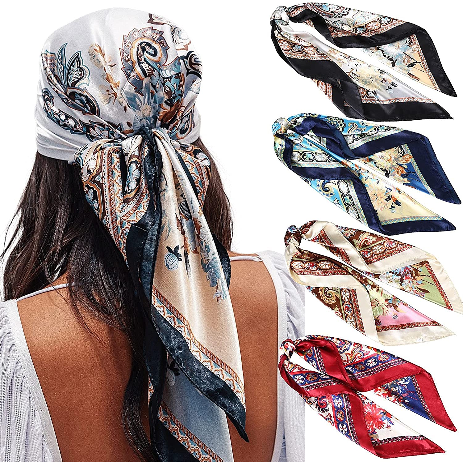 WELROG90x90cm Large Stain Square Scarves for Women - 4 PCs Women Silky Like Head Scarf Bandanas Hair Scarf Neck Scarf Sleeping Wraps