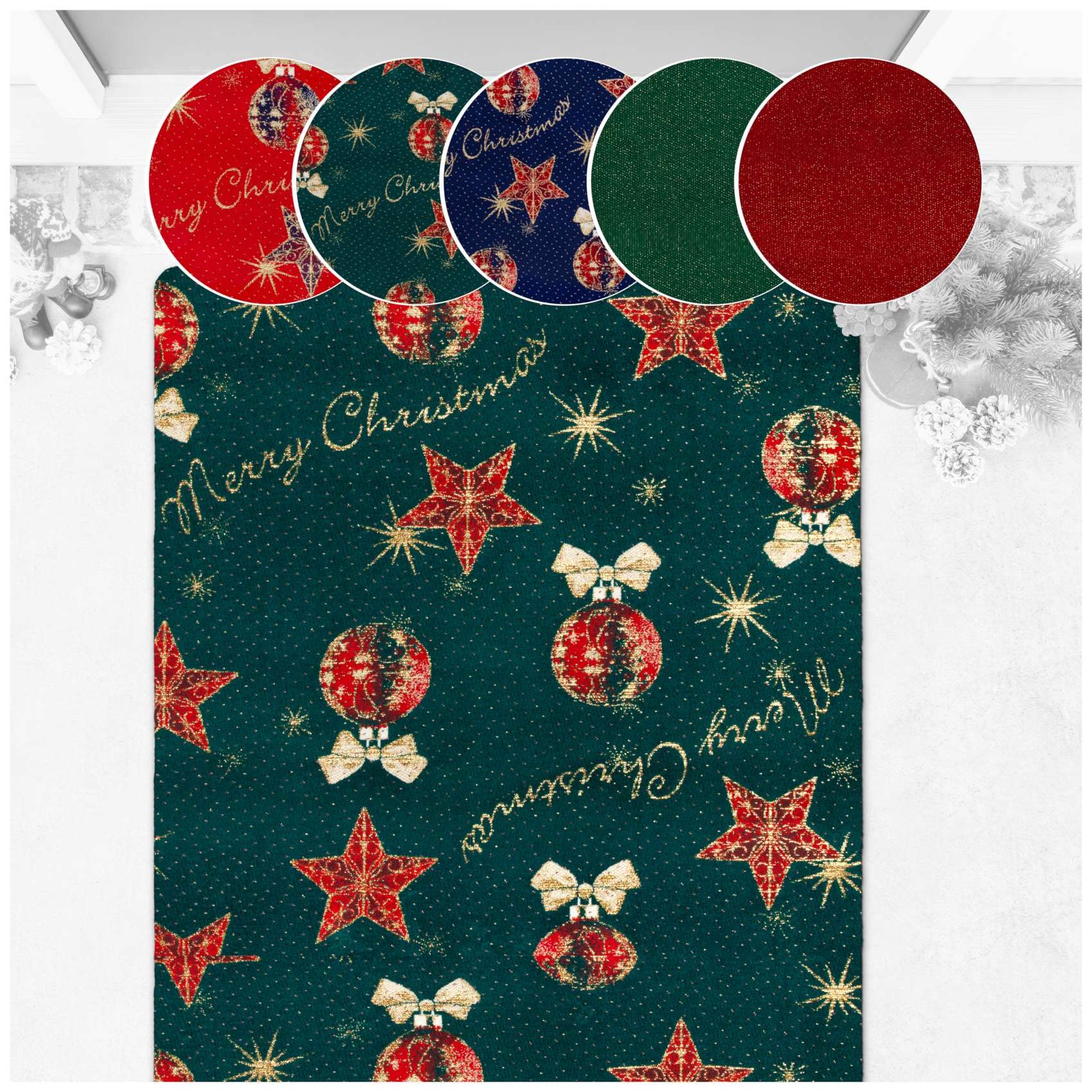 ANRO Alfombra de pasillo de Navidad, Alfombra Puerta, Antideslizante, Venta por Metros, con Purpurina, Verde Merry Christmas, 80 x 120 cm