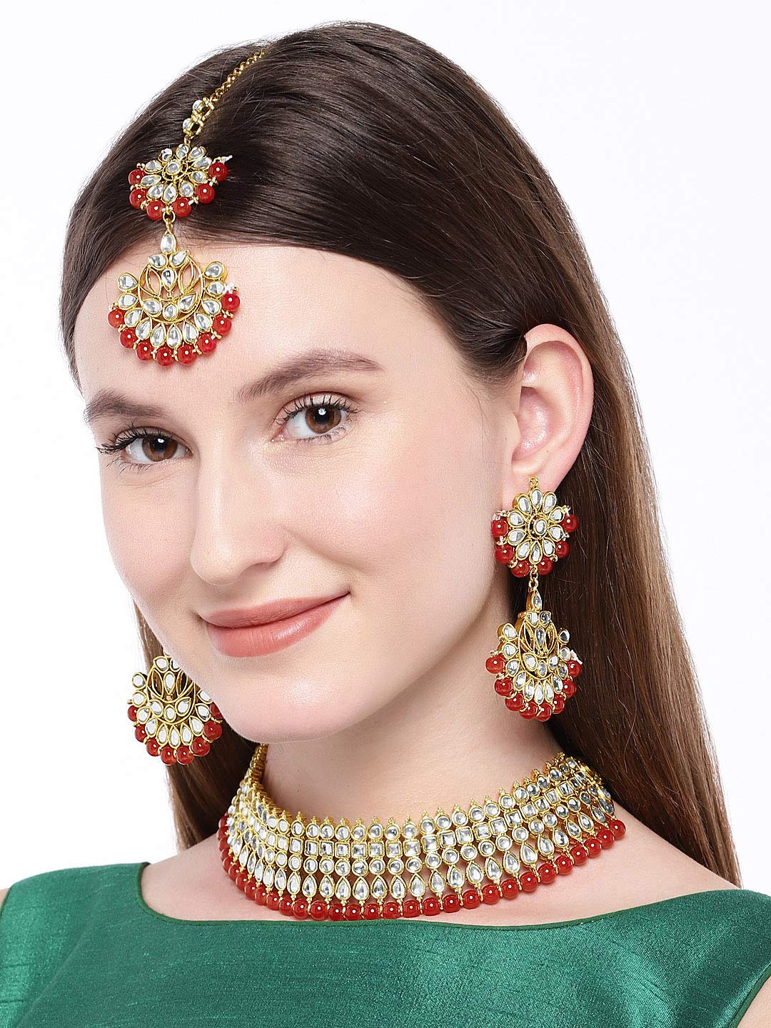 Indian Kundan Fax Pearl Necklace Earrings Maang Tikka Set