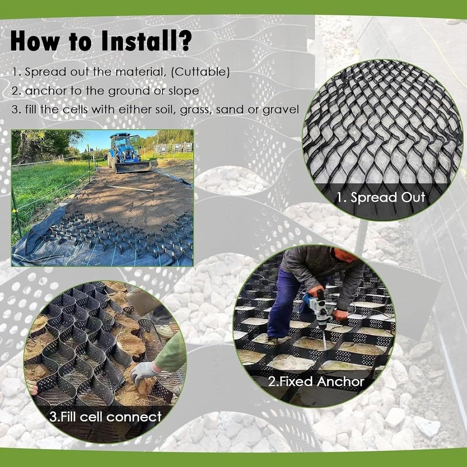 Geokrata o strukturze plastra miodu, wytrzymała siatka żwirowa HDPE, stabilizator zapobiegający koleinom do lekkiego parkowania pojazdów i ścieżek ogrodowych (2 m x 4 m)