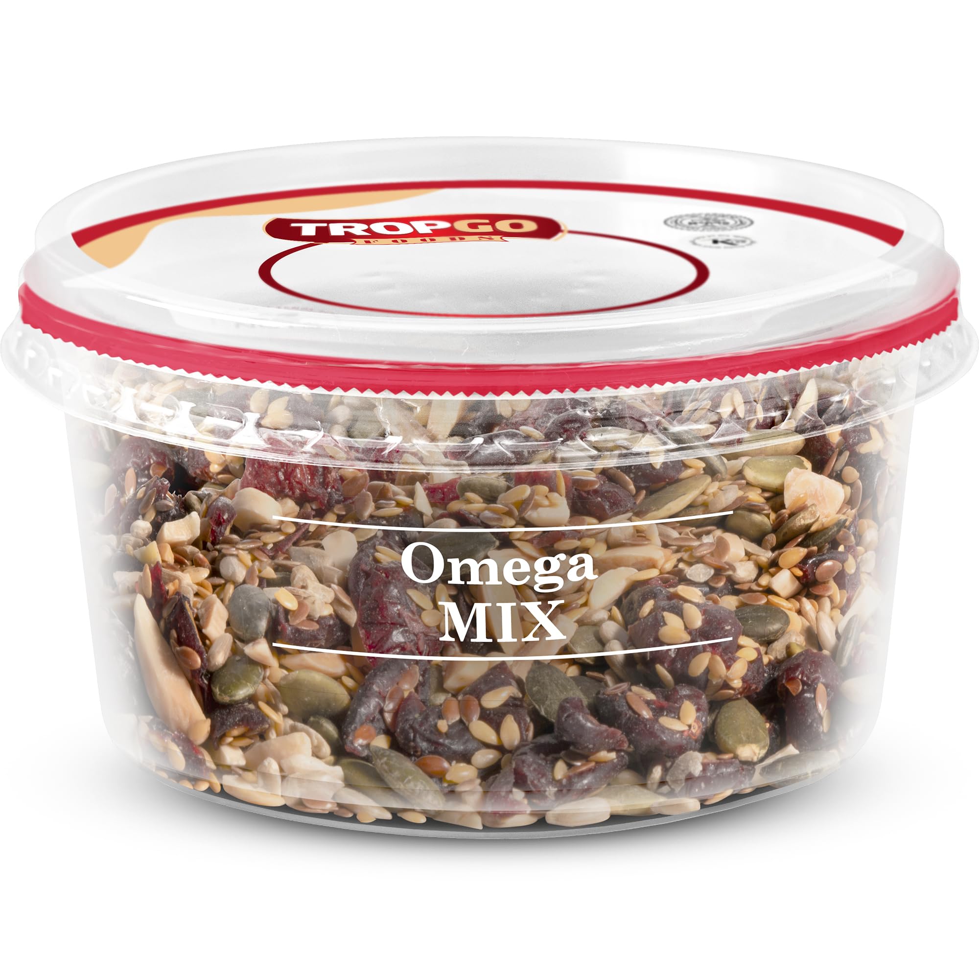 Tropgo Omega Mix 200g - Premium Nuts, Seeds, and Dried Fruit in Resealable and Recyclable Tub - Contains Fibre, Protein, and Essential Minerals - Wholesome Trail Mix - Healthy Snacks for All Ages