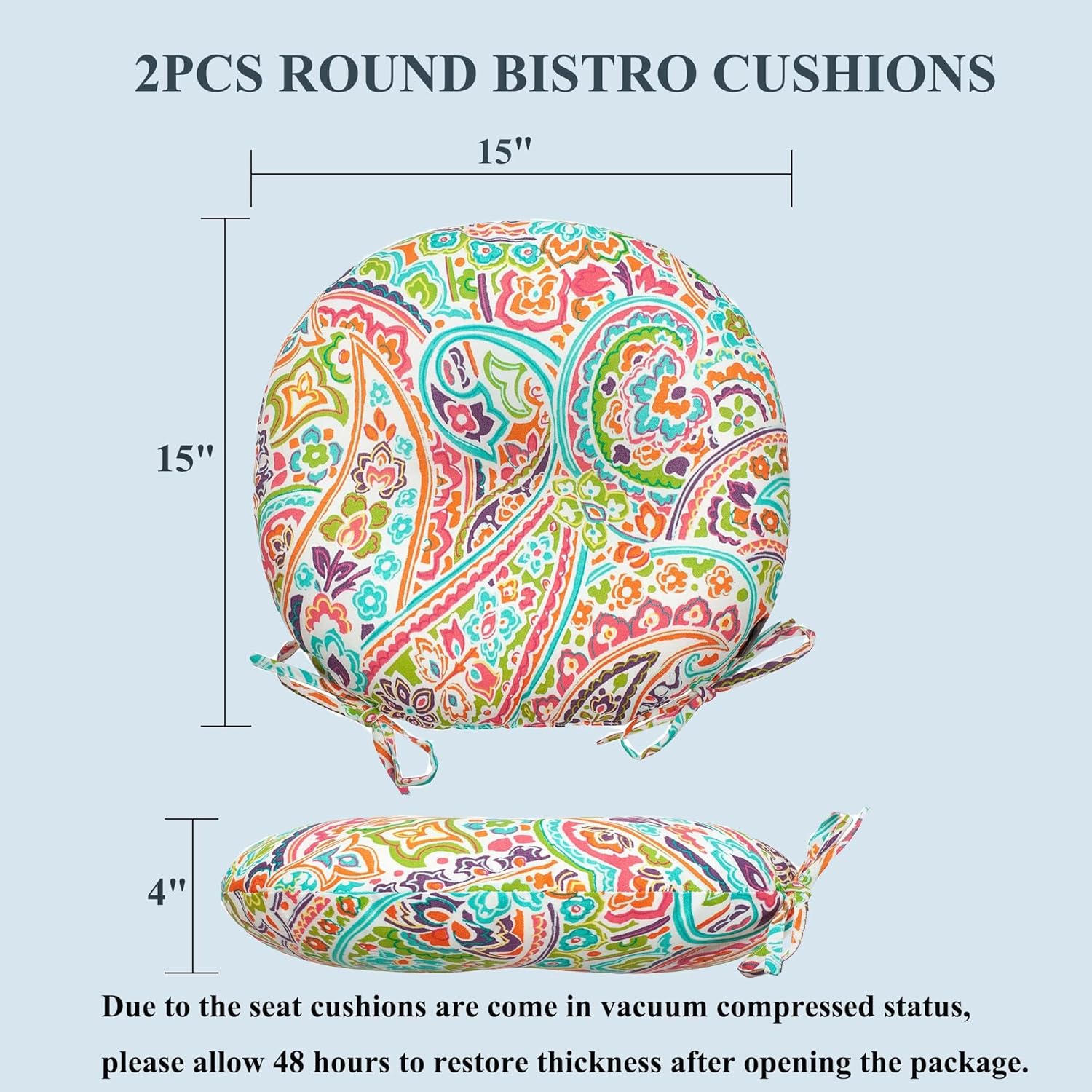 FUNHOME Outdoor Round Bistro Seat Cushions with Ties, Fluffy Tufted Patio Chair Pads 15"x15"x4", Set of 2 Water-Resistant Round Chair Cushions for Home Garden Melora Paisley