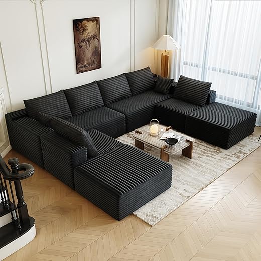 139.4" Modular Sectional Sofa Couch, Oversized U-Shaped Minimalist Couches with 2 Ottomans Chaise and 2 Middle Seats, Modern Deep Seat Cloud Plush Corduroy Sofas Set for Living Room, 8 Seater, Black