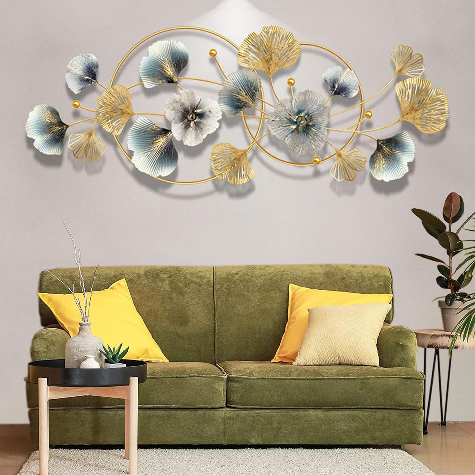 ZWESKUX Decoración de Pared de Metal, Arte para Sala de Estar, Hojas Azules Doradas Hechas a Mano, Escultura Dimensional 3D, 48 Pulgadas