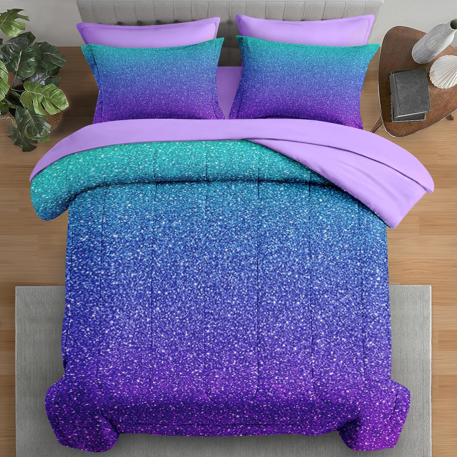 Comforter Set King Size, Colorful Girls Ombre Purple Glitter 7 Pcs Bedding for Kids and Adults, Neon Blue Teal Bed Sheet Sets with Fitted Sheet 2 Pillowcases & 2 Shams for Bedroom Bed Decor