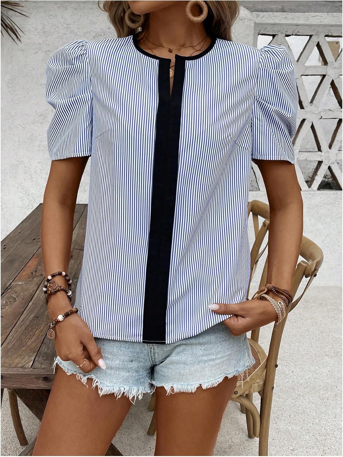 SweatyRocks Women's Summer Puff Short Sleeve Striped Office Work Blouse Top - Image 3