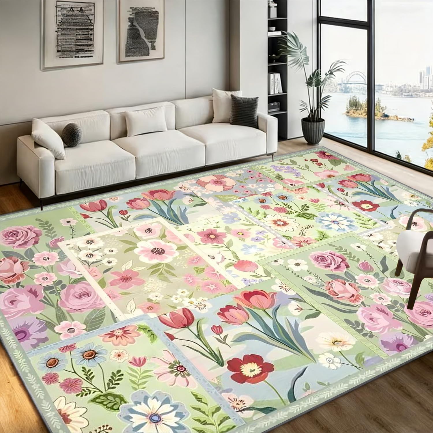 Bycmuoz Boho Prints Runner Rug for Entryway, 140x200cm, Colorful Flowers Florals Floor Carpet, Mandala Pattern Design Soft Fade Resistant Foldable Non Slip Rugs for Bedroom Bedside Bath Room