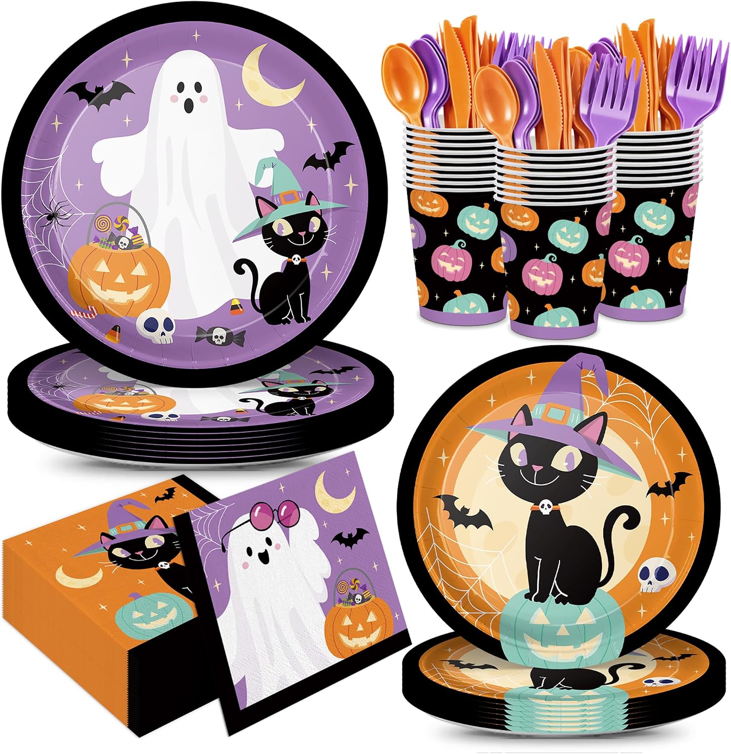 168PCS Halloween Black Cat Ghost Paper Plates Napkins Party Supplies Set