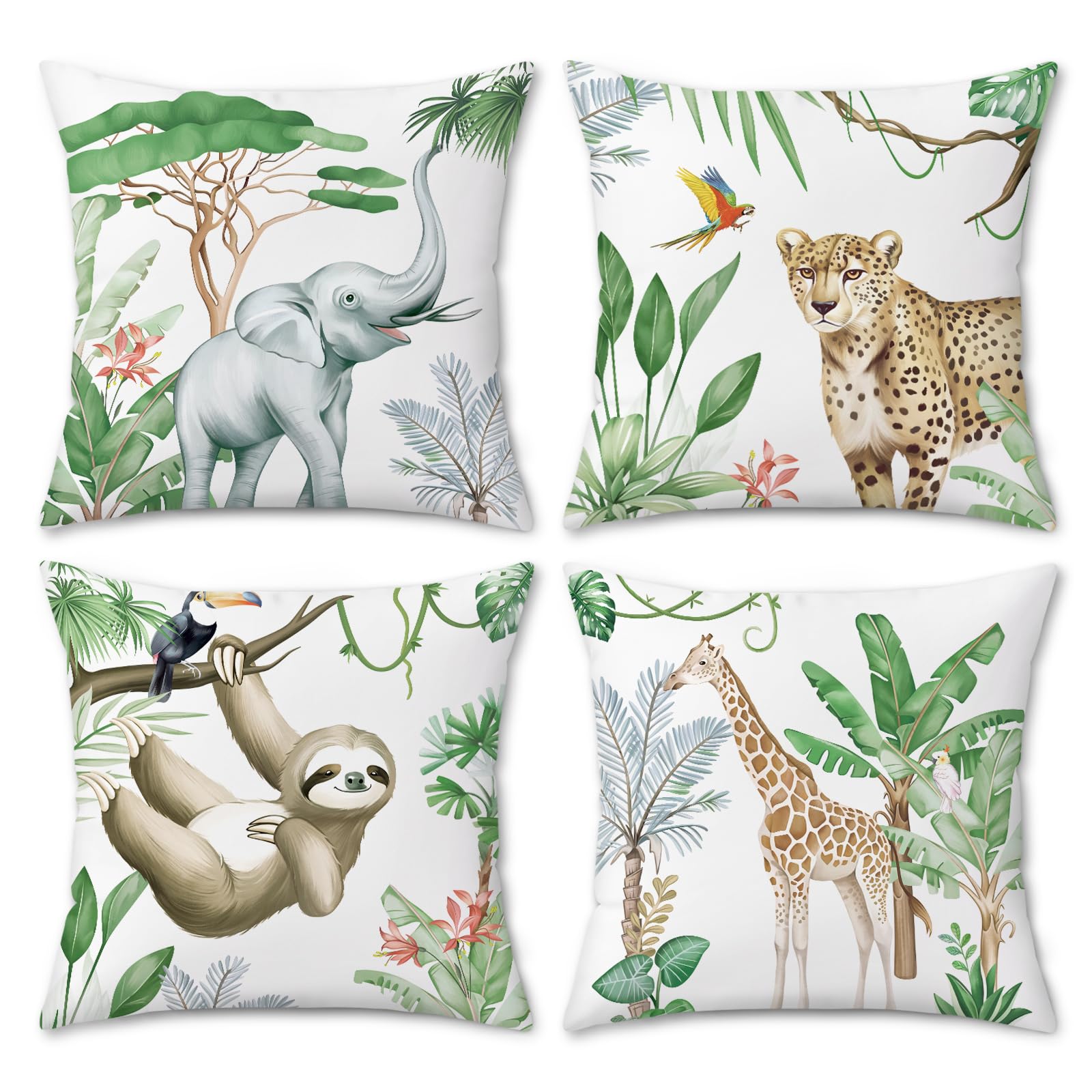 COZZSNUGE Tropical Animal Cushion Covers Elephant Giraffe Leopard Sloth Green Jungle Velvet Decorative Pillowcases for Outdoor Garden Sofa Bed Home Patio 45 x 45 cm Set of 4