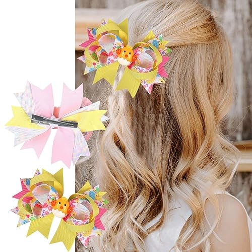 Miniatura 4 de Paquete de 2 pinzas para el pelo de conejo de Pascua, pinzas para el pelo con conejito de dibujos animados y moños para el pelo de pollito,
