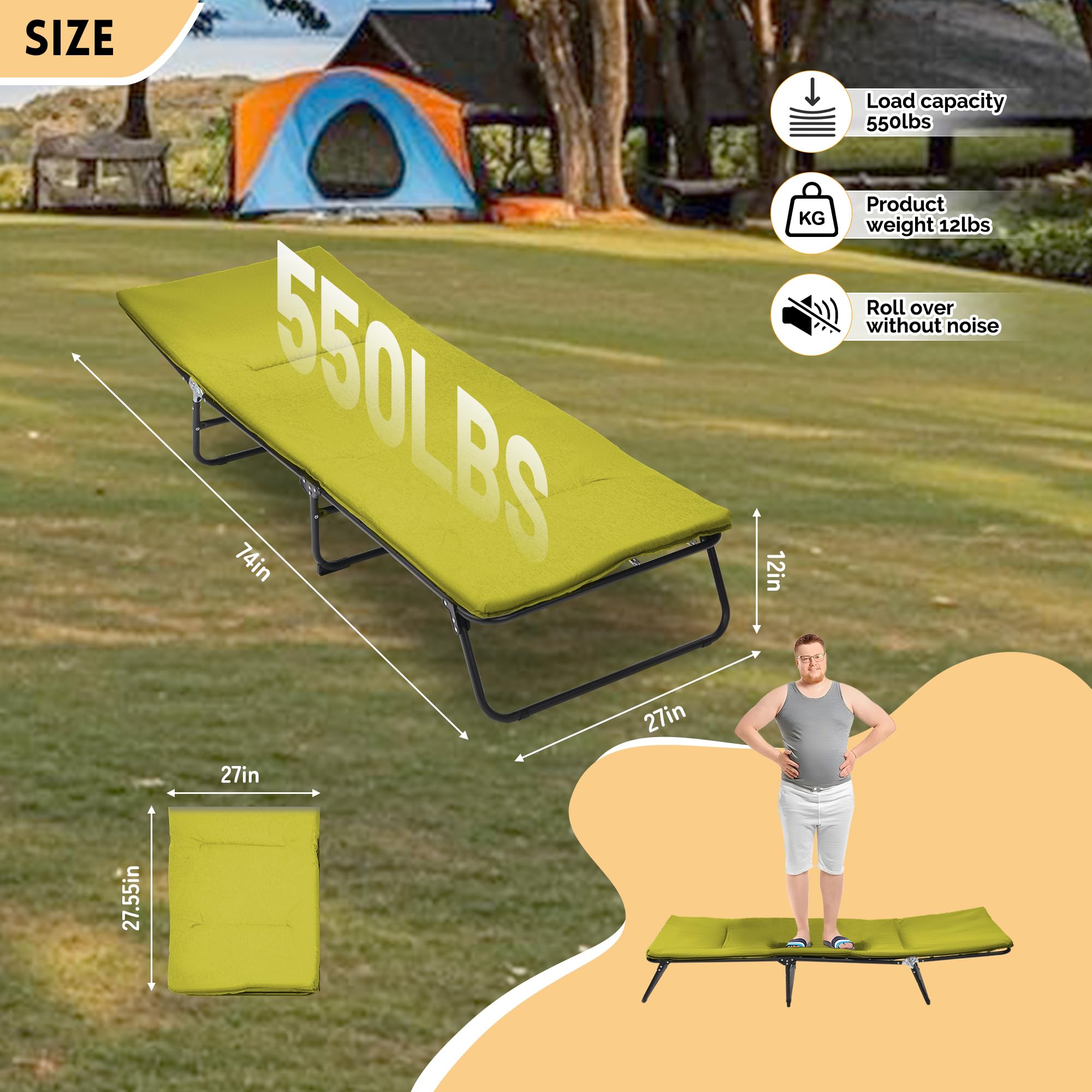 HiHomely Folding Camping Cot for Adults – Heavy Duty 5-Adjustable Outdoor Bed with Carry Bag, 1200d Oxford Fabric, Portable Travel Cot (Green)