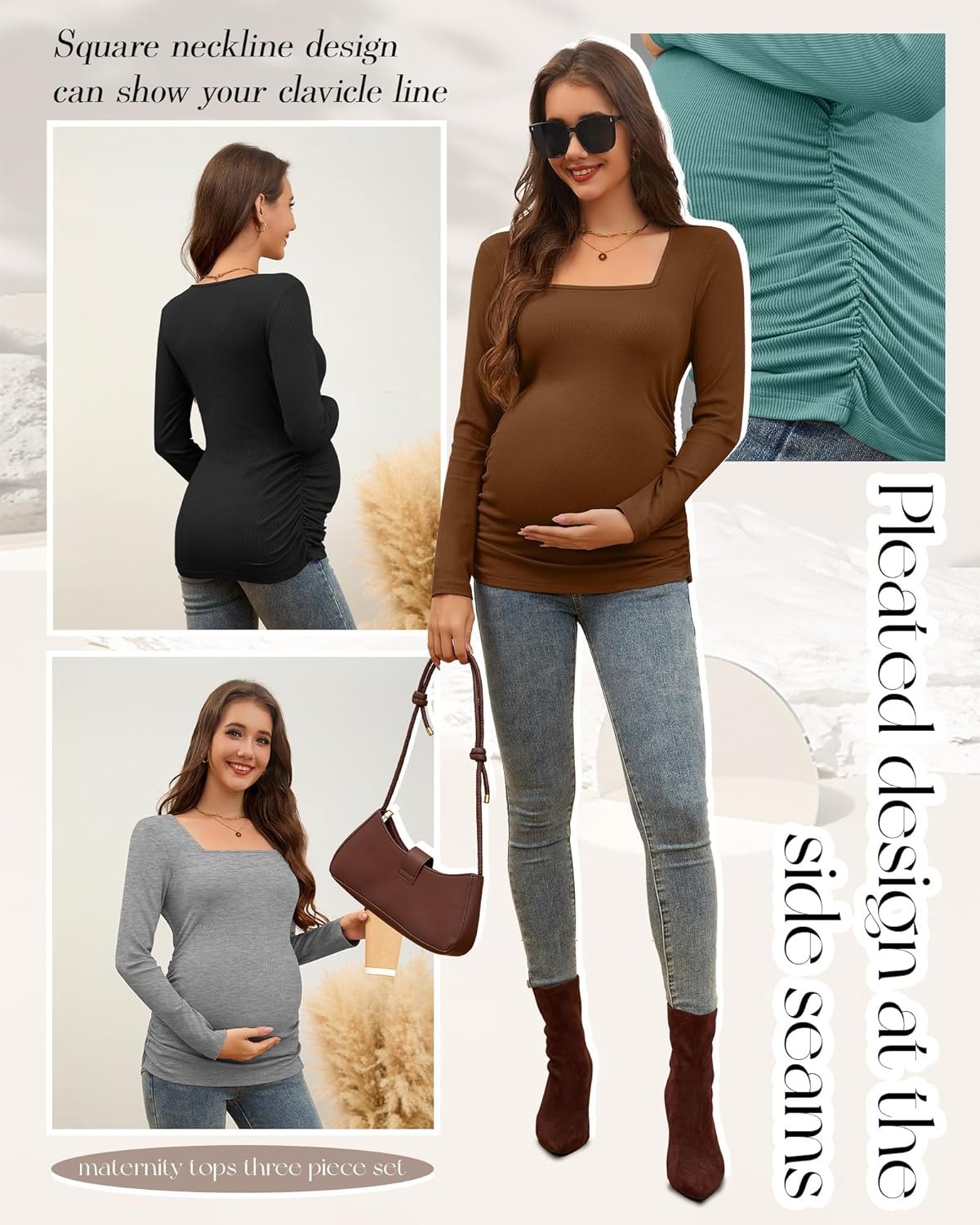 Huukeay 4 Pack Women's Maternity Shirts Cotton Ribbed Long Sleeve Square Neck Pregnancy Tunic Tops Side Ruched Basic Tee - Image 5