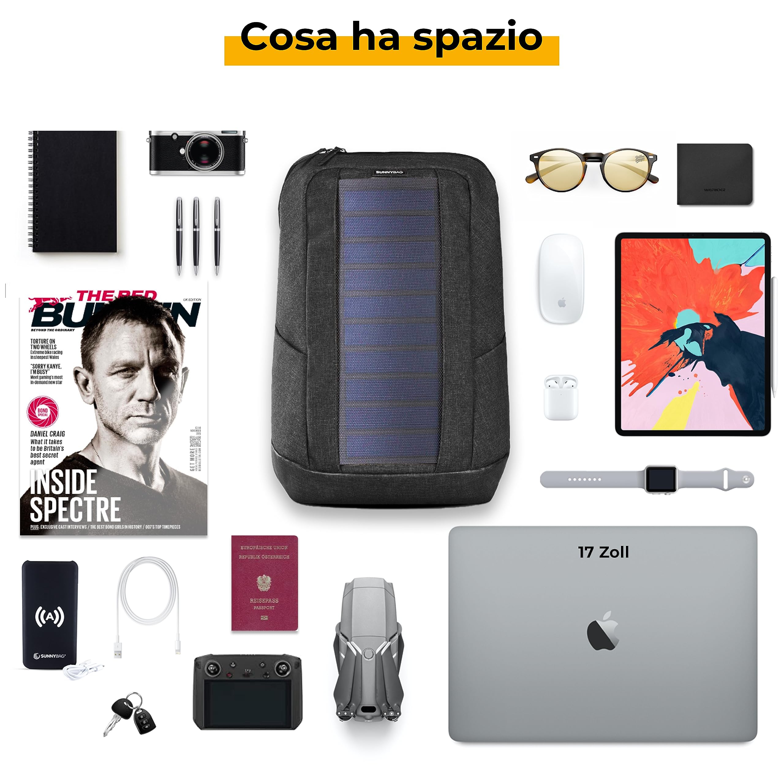 Sunnybag Iconic | Zaino solare con pannello solare integrato da 7 Watt | porta USB | ricarica wireless | scomparto per laptop da 17 pollici | 20 litri | tessuto riciclato idrorepellente | grafite