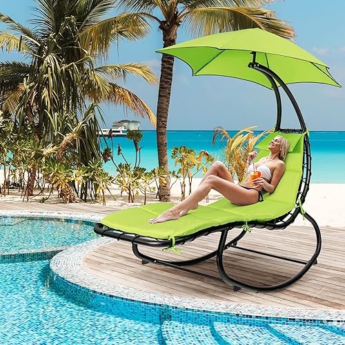 Miniatura 4 de Giantex Silla de hamaca tumbona, silla colgante al aire libre con toldo de sombra, acero con recubrimiento en polvo, tela impermeable, almohada