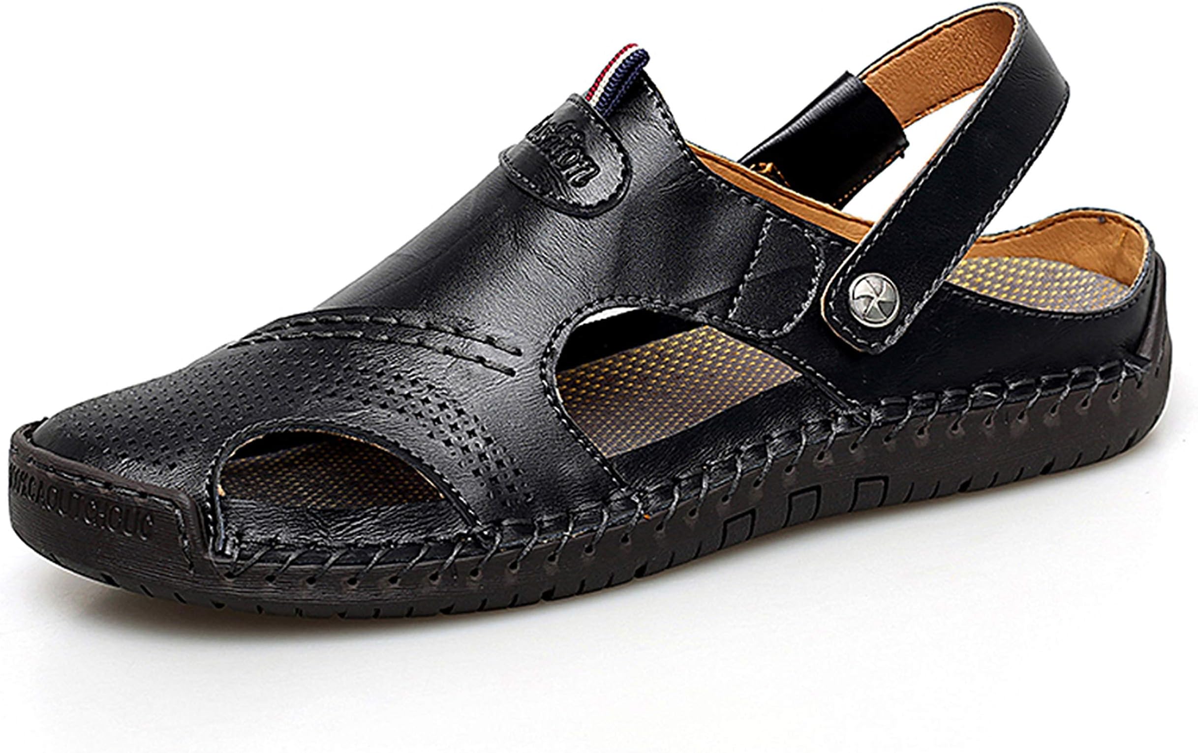 Moodeng Sandals for Men Closed Toe Leather Sandals Athletic Strap Adjustable Loafers Outdoor Beach Fisherman Shoes