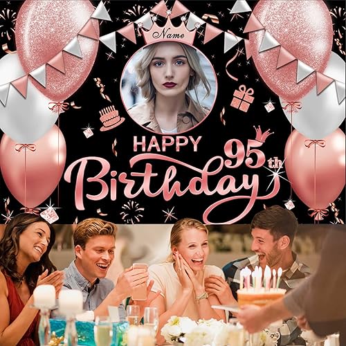 Miniatura 5 de Cartel de feliz cumpleaños 95 de oro rosa con texto en inglés "Happy 95th Birthday", letrero grande de feliz cumpleaños 95 para patio, telón de