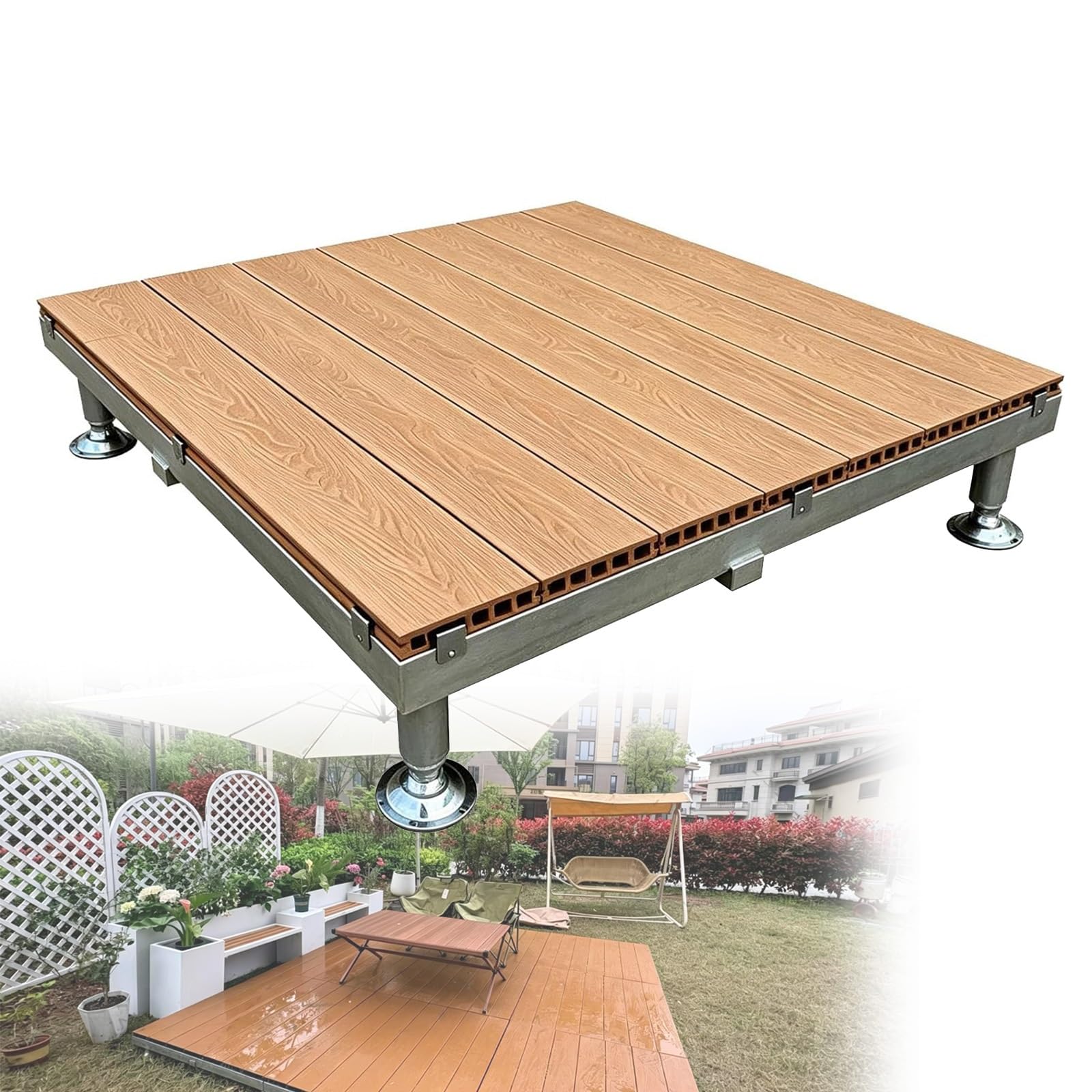 Pavimento Per Terrazza 84x84cm Piattaforma Rialzata Piastrelle WPC Incastro | Pedana Rialzata Modulare Per Campeggio Tenda E Vasca Spa, Con Telaio Metallico E Piedini Regolabili(Light brown)
