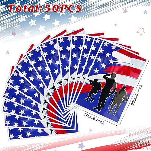 Miniatura 2 de MASHAN 50 bolsas de regalo para el Día de los Veteranos, bolsas de plástico para golosinas con bandera estadounidense, soldado patriótico para el