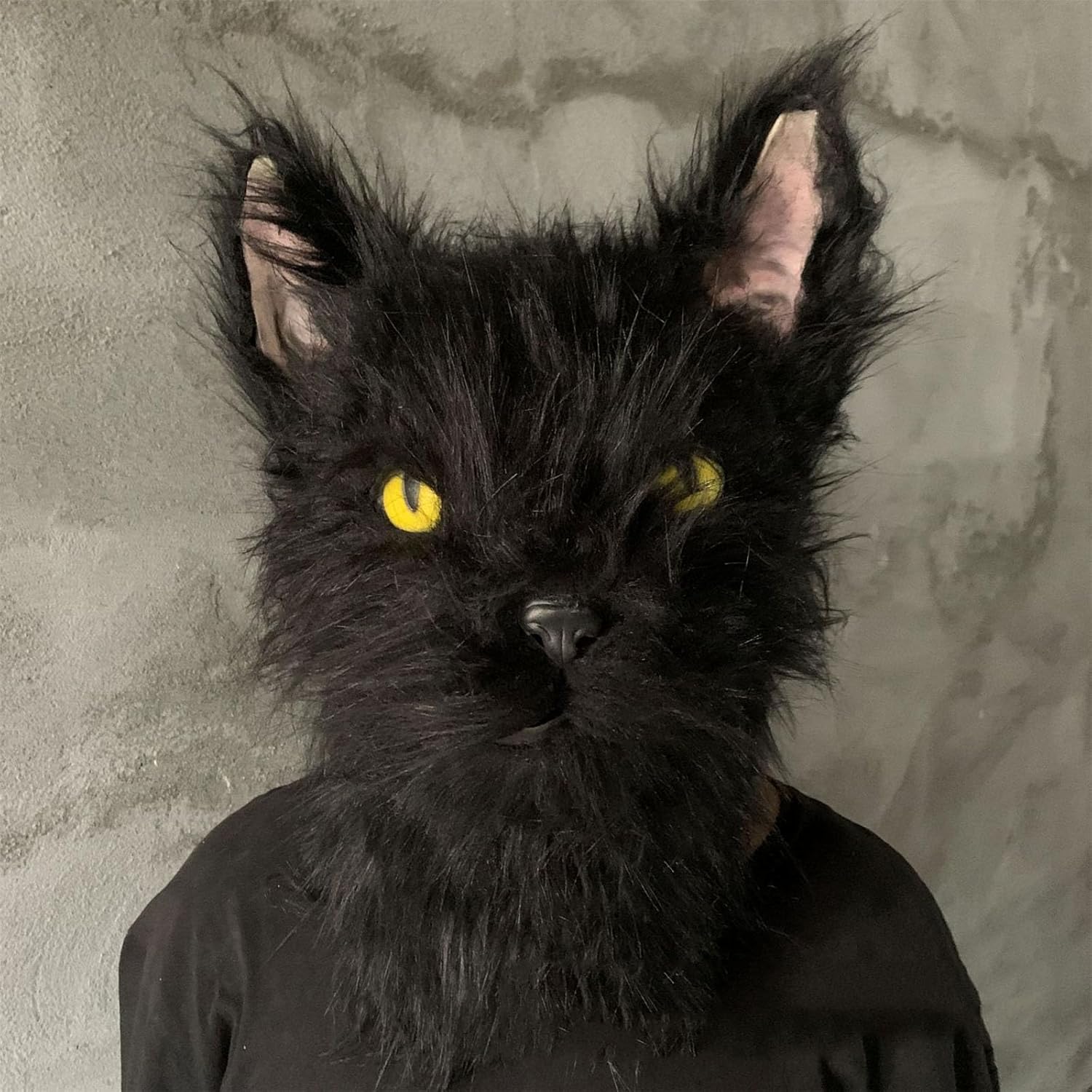 Full Head Plush Devil Cat Mask,Realistic Black Kitty Mask,Horror Furry Animal Masks for Halloween Christmas Role-Play Party,Scary Black Cat Masks