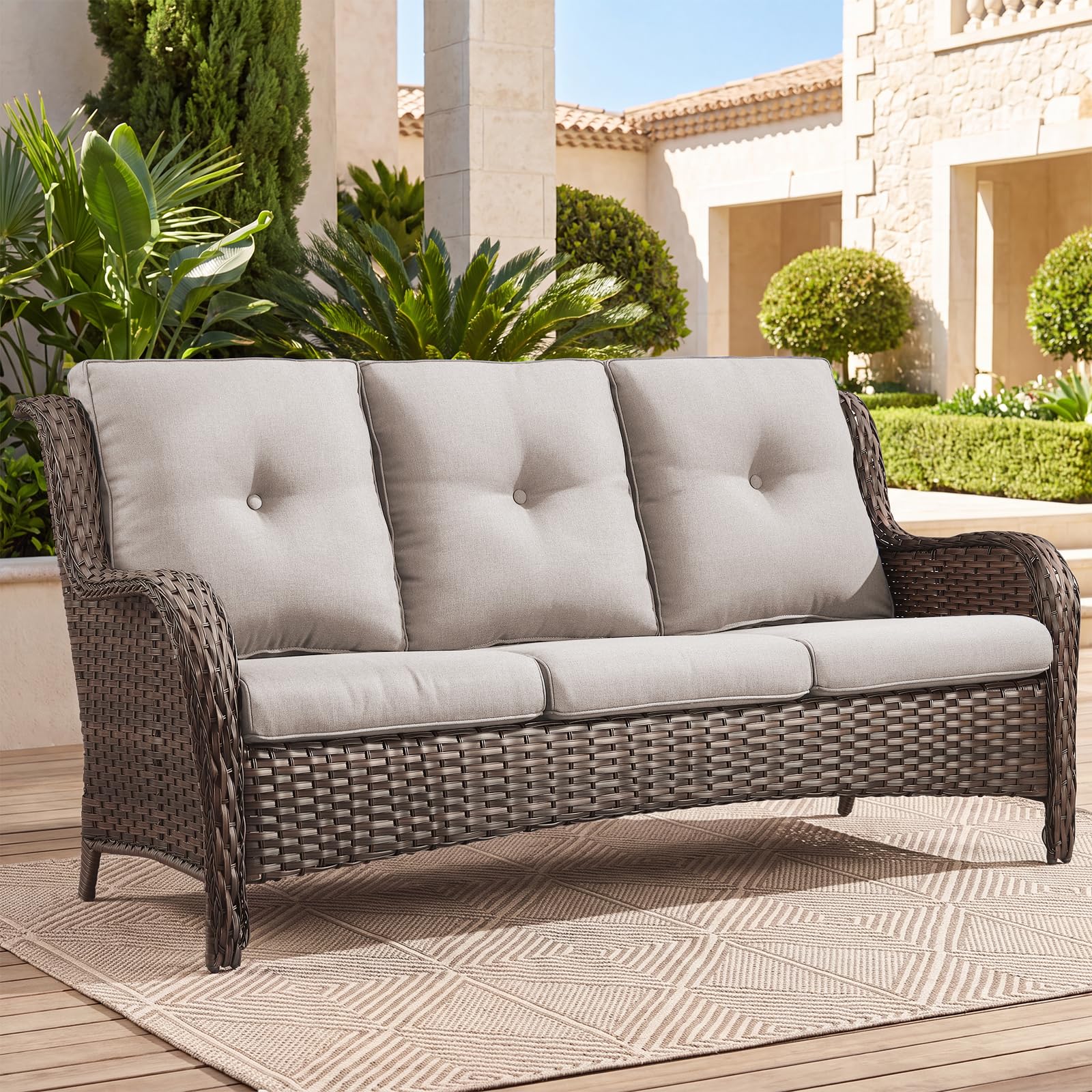 Belord Patio Sofa Luxury PE Wicker 3-Seater Outdoor Couch