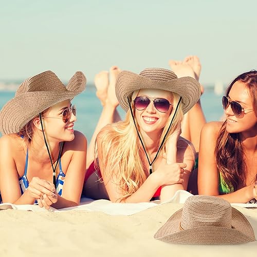 Miniatura 6 de JaGely 12 sombreros de vaquero de paja para mujeres y hombres, sombrero de verano de ala ancha, protección solar a granel para fiestas temáticas