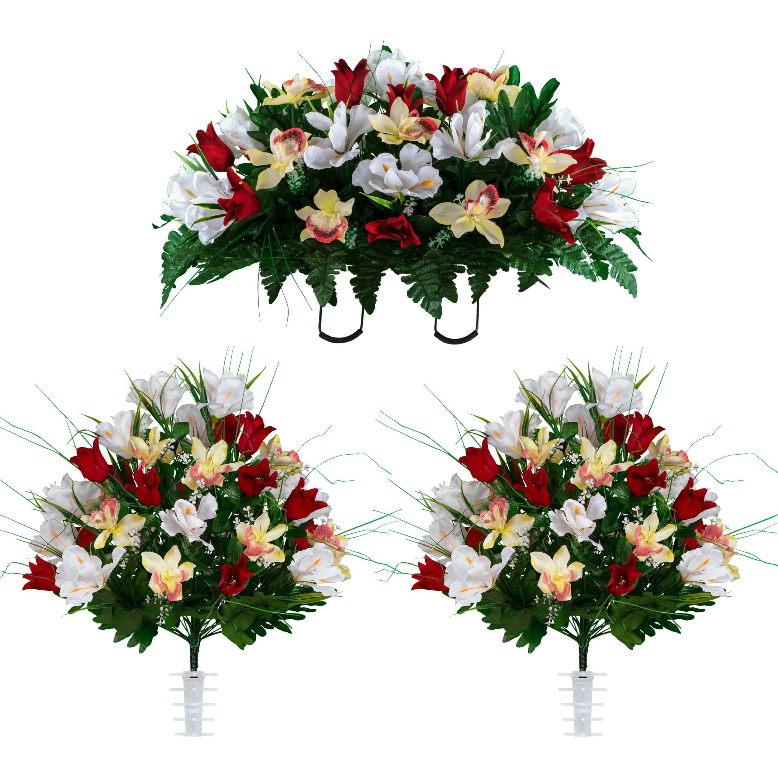 Sympathy Silks Artificial Cemetery Flowers – Realistic Vibrant Tulips Outdoor Grave Decorations - 2 Red Tulip White Iris Bouquets and 1 Matching